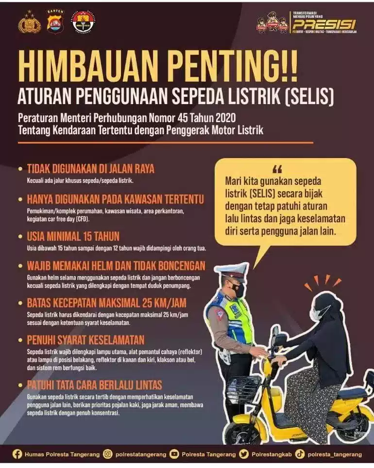 Polresta Tangerang Keluarkan Himbauan Penting Penggunaan Sepeda Listrik  I Teras Media