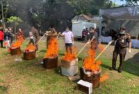 Keterangan foto : Kejaksaaan Negeri (Kejari) Kota Malang musnahkan barang bukti (BB) narkoba dari 124 perkara yang berkekuatan hukum tetap dengan dibakar, Selasa (16/5/2023)