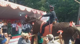 Keterangan poto : Salah satu peserta Karnaval yang menunggangi Kuda yang terbuat dari Injuk saat memeriahkan HUT ke 78 RI Tahun 2023 di Desa Wirasinga Kecamatan Banjarjaya Kabupaten Pandeglang 19/8/2023