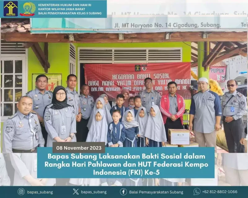 Keterangan foto : Bapas Subang laksanakan Bakti sosial gabungan dalam HUT FKI ke 5 dan Hari Pahlawan, (Rabu, 8/11/2023) 