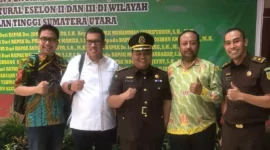 Keterangan foto : Kepala Kejaksaan Tinggi Sumatera Utara (Kajati Sumut) Idianto, SH MH melantik dan memimpin acara serah terima jabatan Wakajati Sumut, Asisten, para Kajari dan Koordinator, Rabu (1/11/2023)