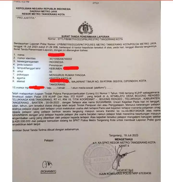 Diduga Pelaku Penipuan, Korban Minta Polres Metro Tangerang Segera Di Diproses Dan Tangkap