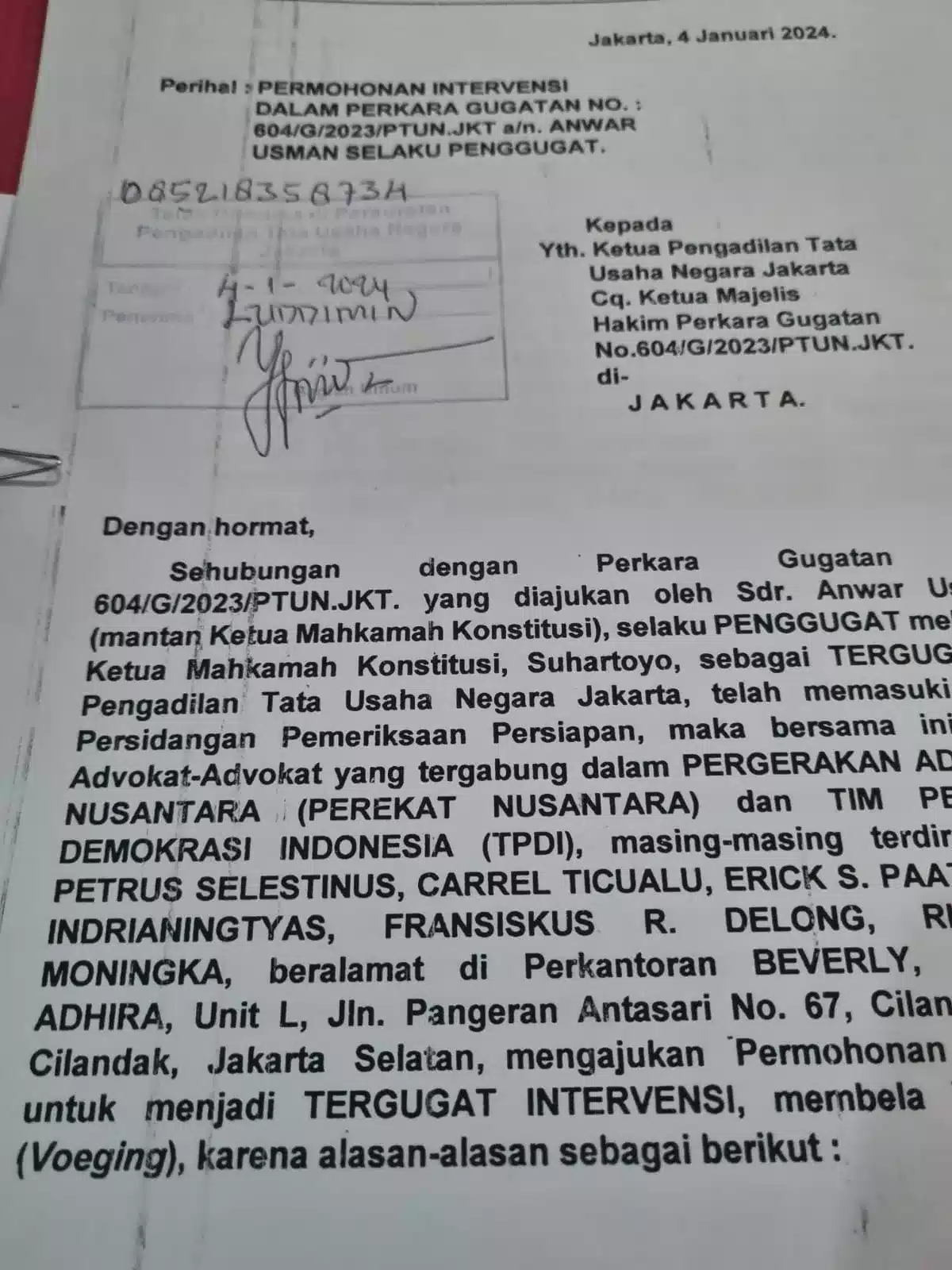 TPDI Dan Perekat Nusantara Resmi Mendaftarkan Intervensi Atas Gugatan Paman Gibran Anwar Usman