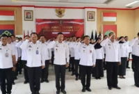 Keterangan foto : Kalapas Narkotika Kelas IIA Gunung Sindur bersama jajaran mengikuti kegiatan Apel Awal Tahun 2024 Kemenkumham secara virtual, Jumat (5/1/2024)