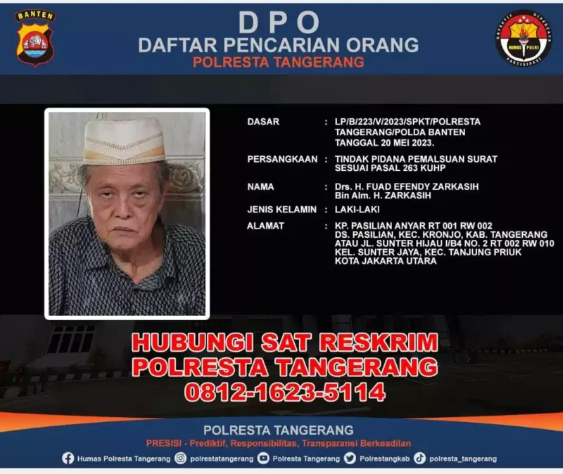Keterangan foto : Polresta Tangerang menetapkan tersangka F kasus dugaan tindak pidana pemalsuan surat sebagai Daftar Pencarian Orang alias DPO pada Jumat (29/3/2024)