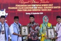 Calon Gubernur dan wakil gubernur Banten Andra Soni berpasangan Dimyati Natakusumah dan Airin Rachmi Diany berpasangan dengan Ade Sumardi saat pengundian nomor urut KPU Banten.