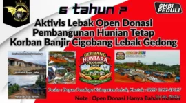 Keterangan poto : Sebagai bentuk kepedulian dan keprihatinan kepada masyarakat korban banjir dan tanah longsor yang sampai saat iniasih tinggal di Huntara Cigobang LSM GMBI Distril Lebak Gelar Penggalangan Dinasi. (doksus)