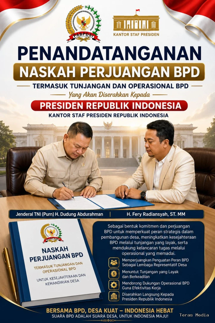 Ketua Umum Pengurus Besar Asosiasi Badan Permusyawaratan Desa Seluruh Indonesia (PABPDSI), H. Ferry Radiansyah, ST., MM., kepada Kepala Staf Kepresidenan (KSP), Jenderal TNI (Purn.) Prof. Dr. Dudung Abdurachman, di lingkungan Istana Presiden.