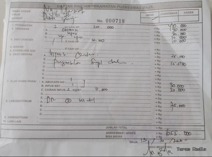 Keterangan poto : Bukti pembayaran salah satu masyarakat yang diduga tak diberikan kesempata dan rujukan oleh pihak puskesmas maja