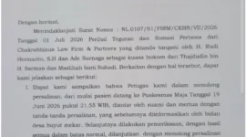Keterangan poto : Surat jawaban somasi dari puskesmas maja atas dugaan bayi meninggal saay dilahirkan sungsang tanpa dilakukan oprasi cesar.
