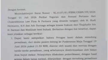 Keterangan poto : Surat jawaban somasi dari puskesmas maja atas dugaan bayi meninggal saay dilahirkan sungsang tanpa dilakukan oprasi cesar.