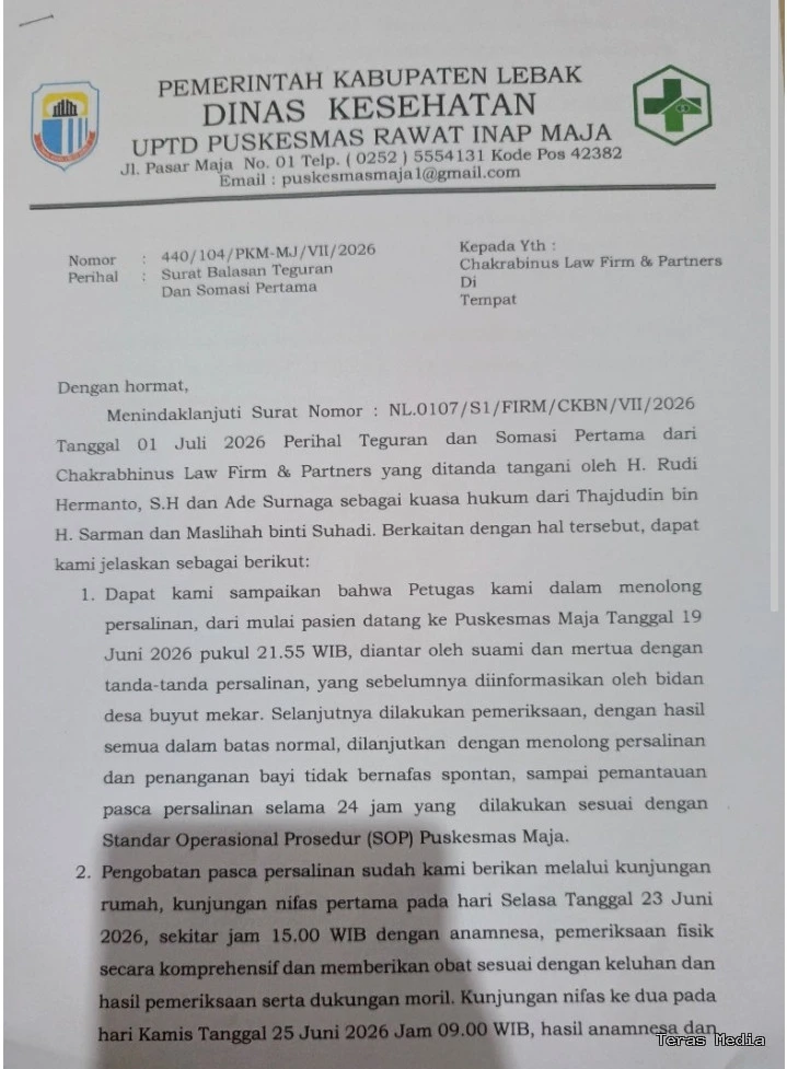 Keterangan poto : Surat jawaban somasi dari puskesmas maja atas dugaan bayi meninggal saay dilahirkan sungsang tanpa dilakukan oprasi cesar.