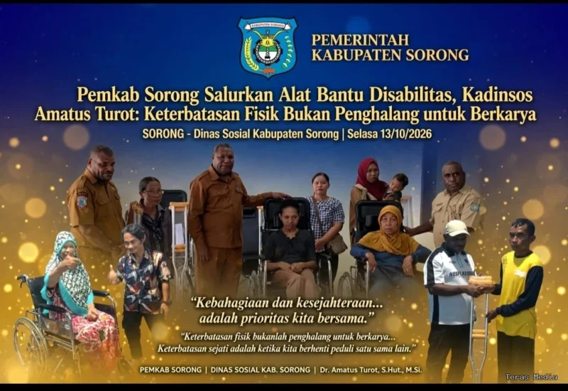 Pemerintah Kabupaten Sorong melalui Dinas Sosial kembali menunjukkan komitmennya dalam memperhatikan kesejahteraan penyandang disabilitas. Kepala Dinas Sosial Kabupaten Sorong, Dr. Amatus Turot, S.Hut, M.Si., secara resmi menyerahkan bantuan alat bantu bagi penyandang disabilitas, berupa kursi roda dan tongkat, pada Selasa (13/10/2026).