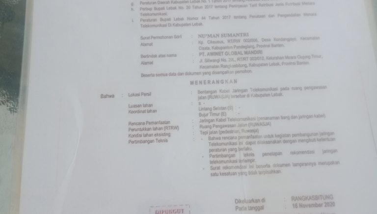 Pemasangan Tiang Jaringan Utilitas Milik AWI Net Yang Diduga Belum Mengantongi Ijin Mendapat Perhatian Dari Komisi 1 DPRD Lebak 3 Pemasangan Tiang Jaringan Utilitas Milik AWI Net Yang Diduga Belum Mengantongi Ijin Mendapat Perhatian Dari Komisi 1 DPRD Lebak I Teras Media